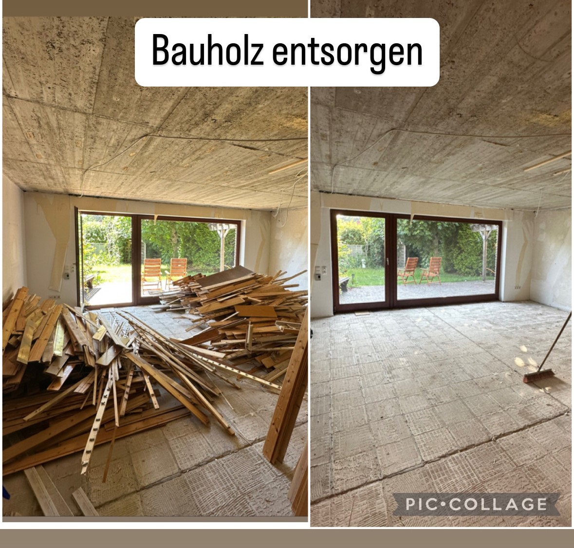 Links: Holzhaufen, rechts: sauberer Raum. Große Fenster, Blick auf Garten.