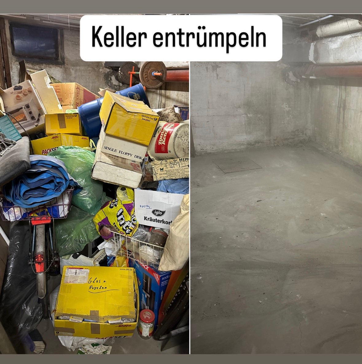 Ein Keller vor und nach dem Entrümpeln: Links chaotisch, rechts sauber und leer, ohne Personen.