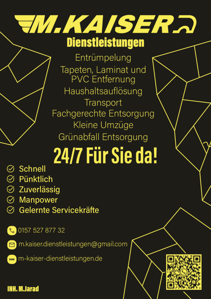 Gelbes Poster mit Dienstleistungen und Kontaktdaten von "M.Kaiser Dienstleistungen".